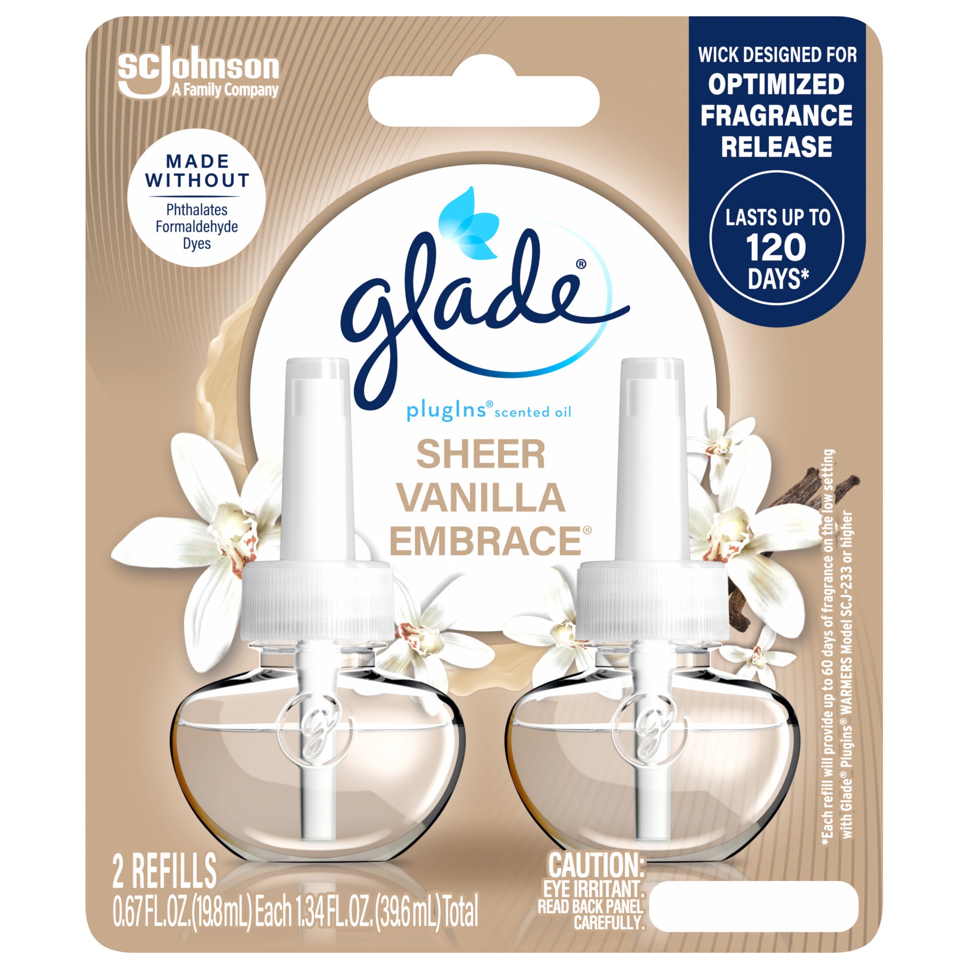 slide 1 of 5, Glade PlugIns Scented Oil 2 Refills, Air Freshener, Sheer Vanilla Embrace, Essential Oil Infused Wall Plug In, 1.34 FL OZ, Pack of 2, 1.34 fl oz