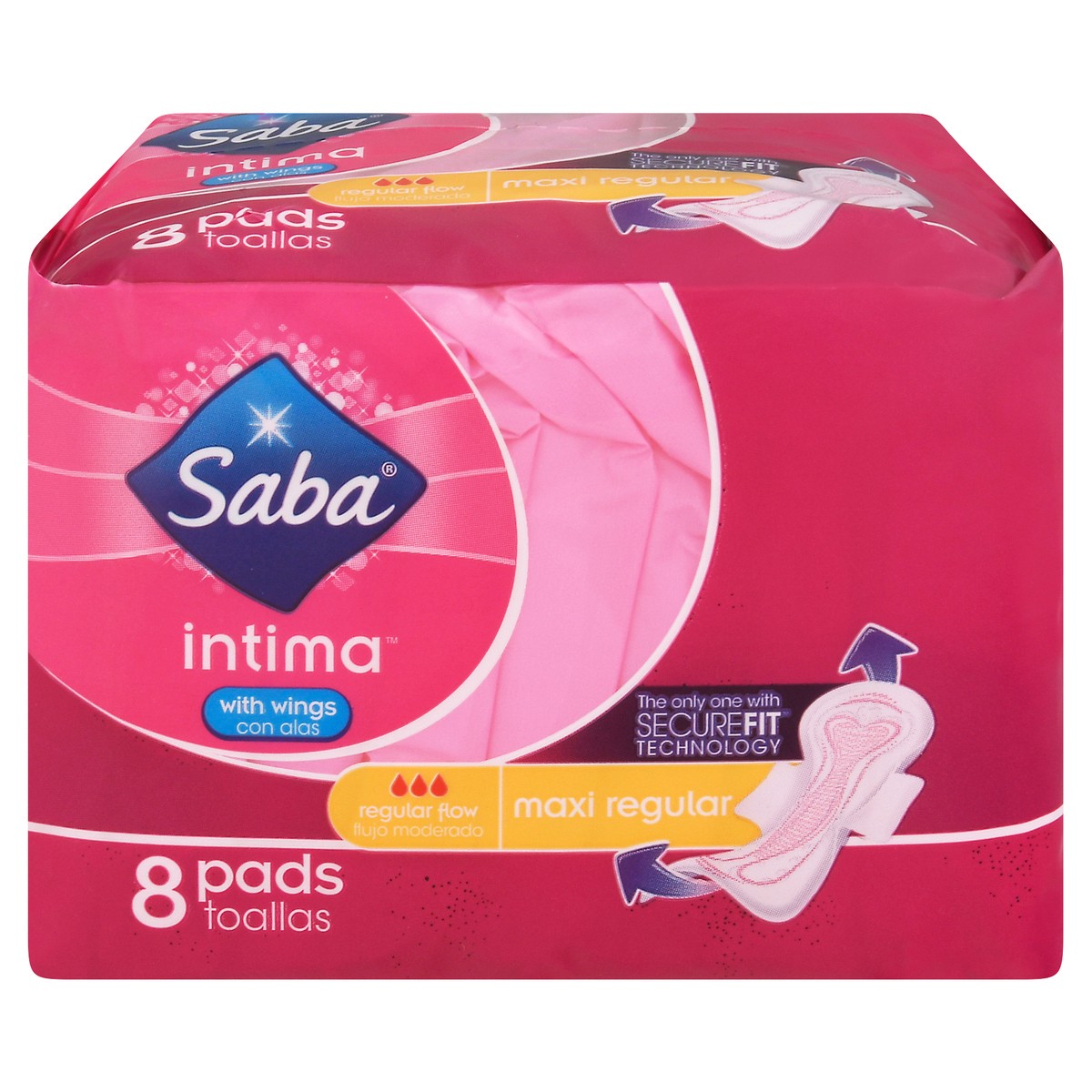 slide 2 of 4, Saba Intima Regular Flow Maxi Regular with Wings Pads 8 ea, 1 ct