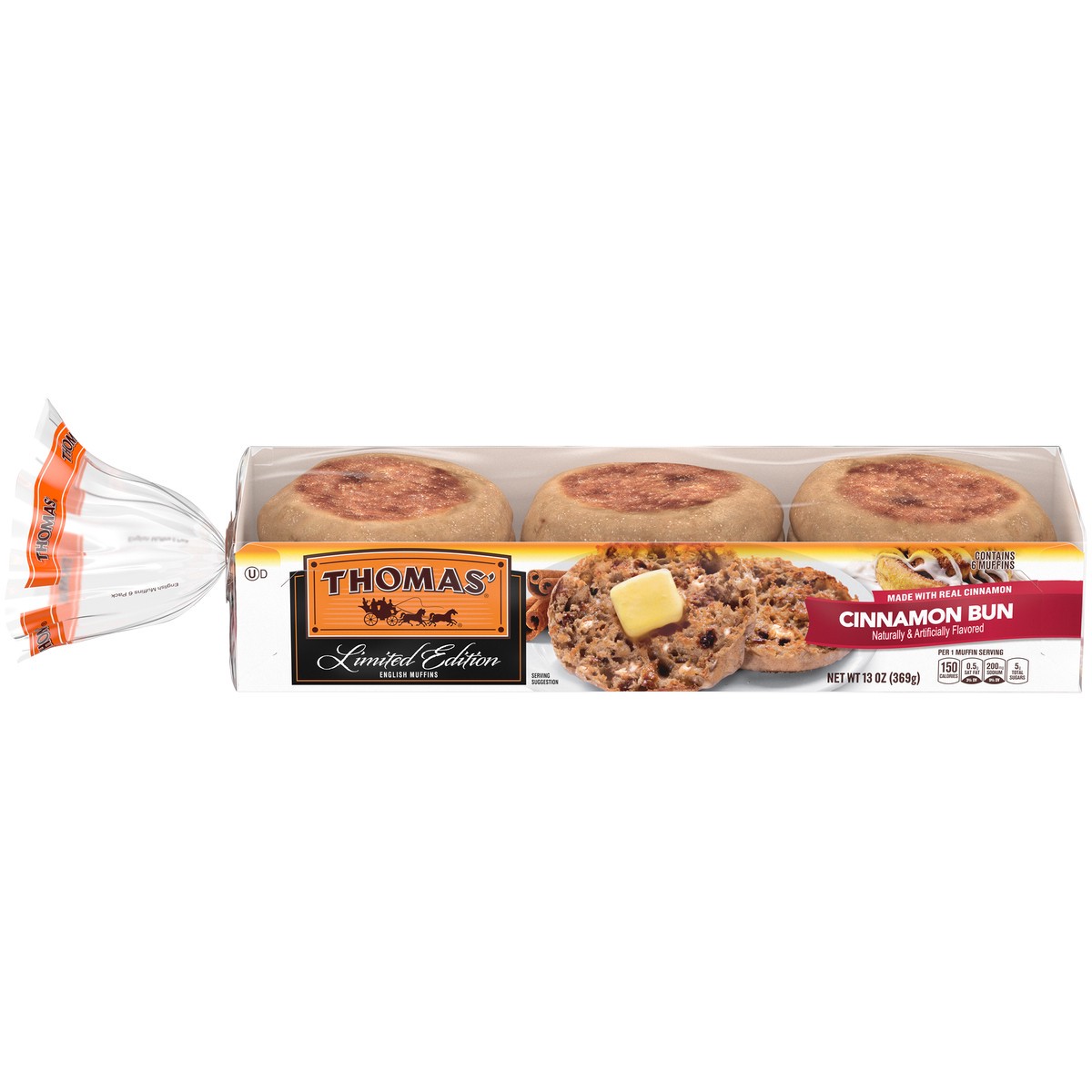 slide 1 of 8, Thomas' Limited Edition Cinnamon Bun English Muffin 6 Ct 13 Oz, 6 ct