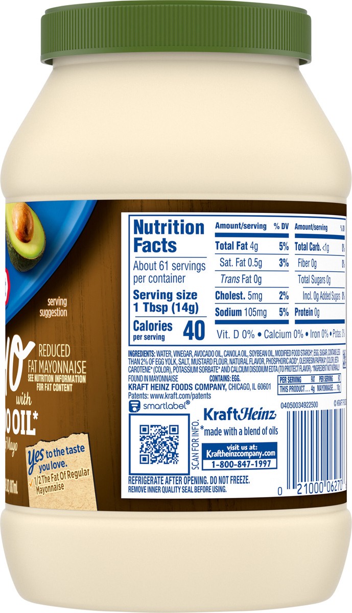 slide 9 of 15, Kraft Mayo with Avocado Oil Reduced Fat Mayonnaise, 30 fl oz Jar, 30 fl oz