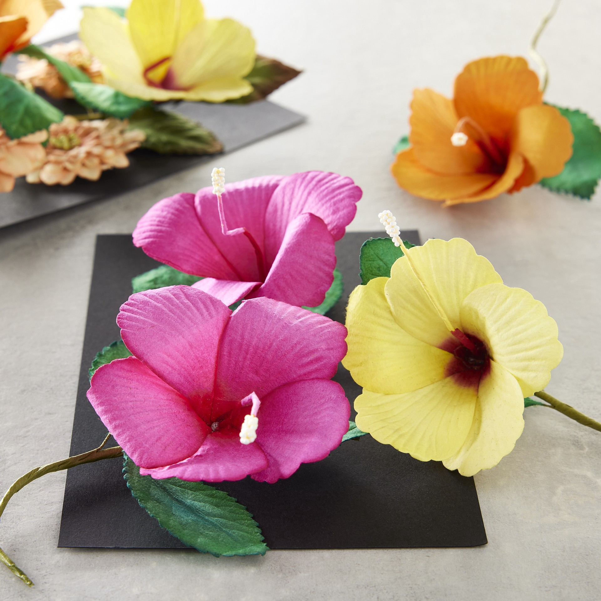 slide 3 of 3, Yellow, Pink & Orange Hibiscus Paper Flowers By Recollections, 6ct., 6 ct