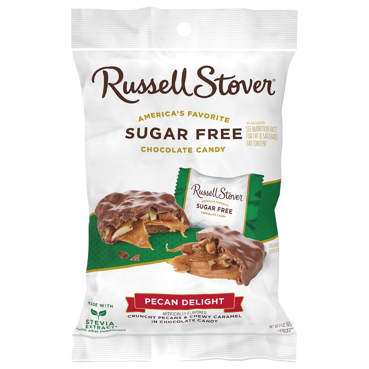 slide 1 of 7, RUSSELL STOVER Sugar Free Pecan Delight Chocolate Candy, 2.4 oz. bag (˜ 4 pieces), 4 ct