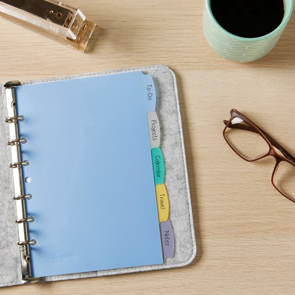 slide 4 of 7, Avery Write & Erase Plastic Dividers, Multicolor, 5-Tab, 5.5 in x 8.5 in