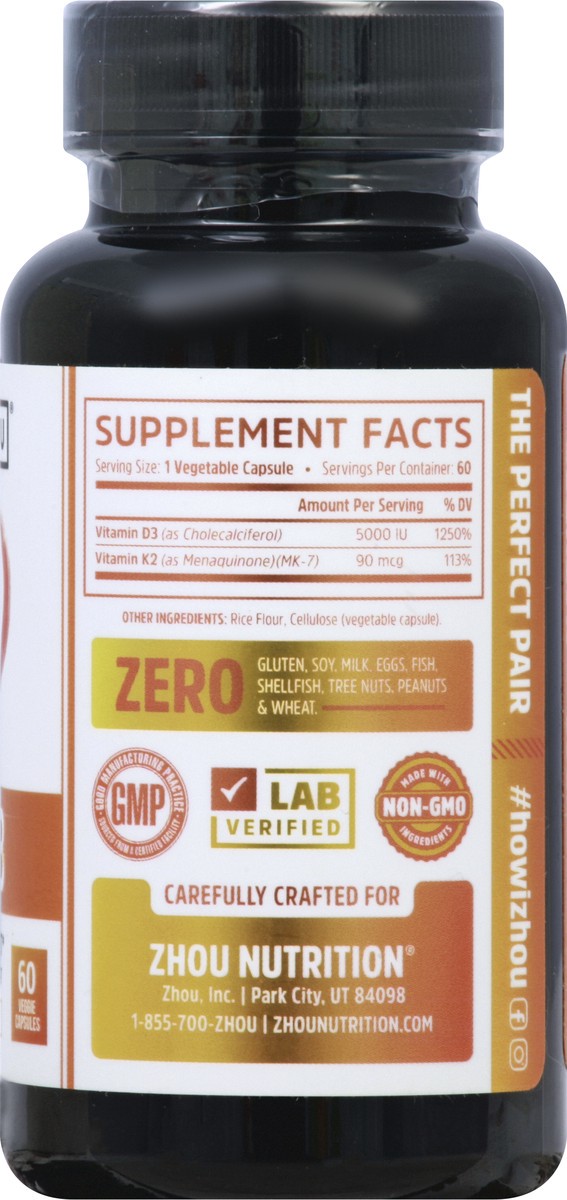 slide 6 of 7, Zhou Vitamin D3 + K2 60 Veggie Capsules, 60 ct