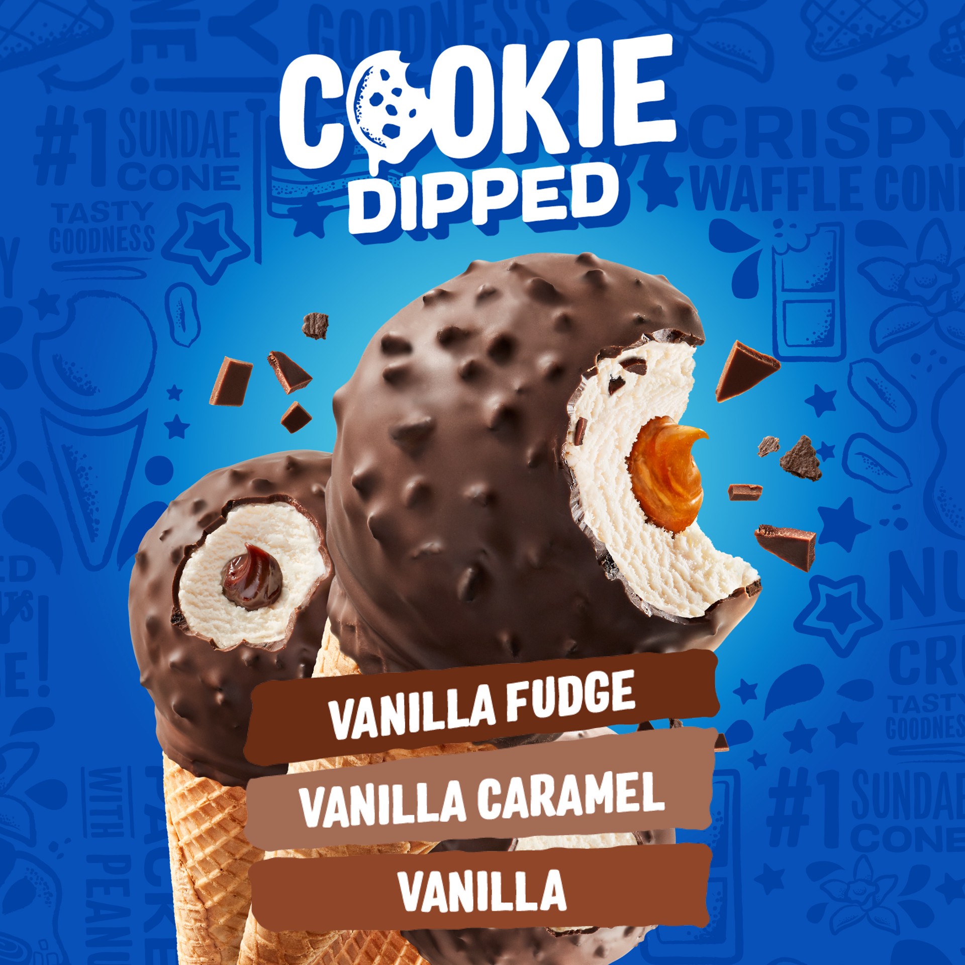 slide 4 of 5, Drumstick Cookie Dipped Vanilla Fudge/Vanilla Caramel/Vanilla Frozen Dairy Dessert Cones 8 ea, 8 ct