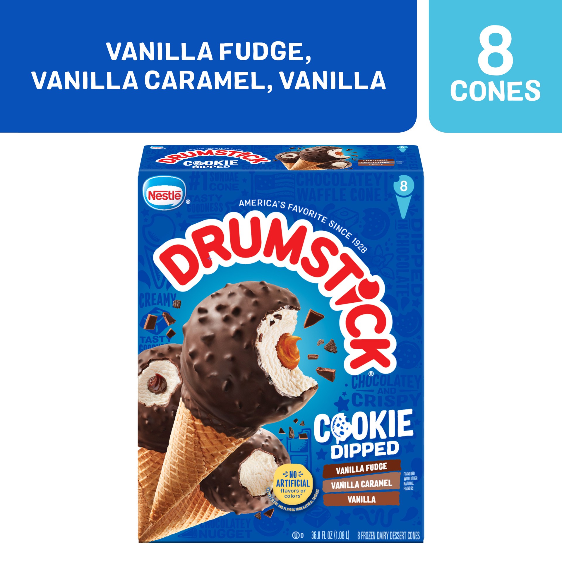 slide 5 of 5, Drumstick Cookie Dipped Vanilla Fudge/Vanilla Caramel/Vanilla Frozen Dairy Dessert Cones 8 ea, 8 ct