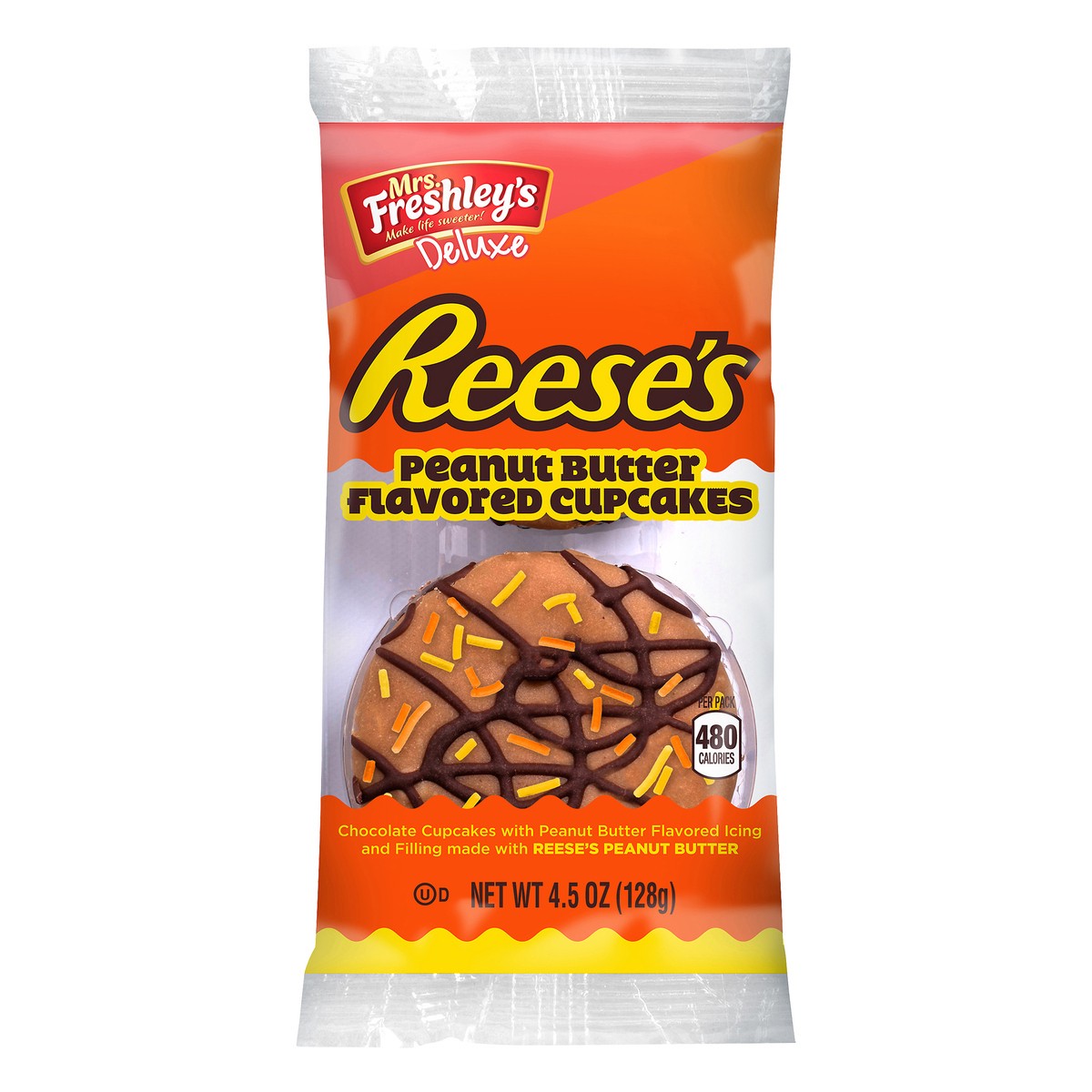 slide 1 of 9, Mrs. Freshley's Deluxe Reese's Peanut Butter Flavored Cupcakes, 4.5 oz