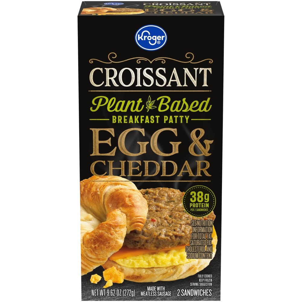 slide 1 of 1, Kroger Egg & Cheddar Croissant Plant-Based Breakfast Patty, 2 ct  9.62 oz