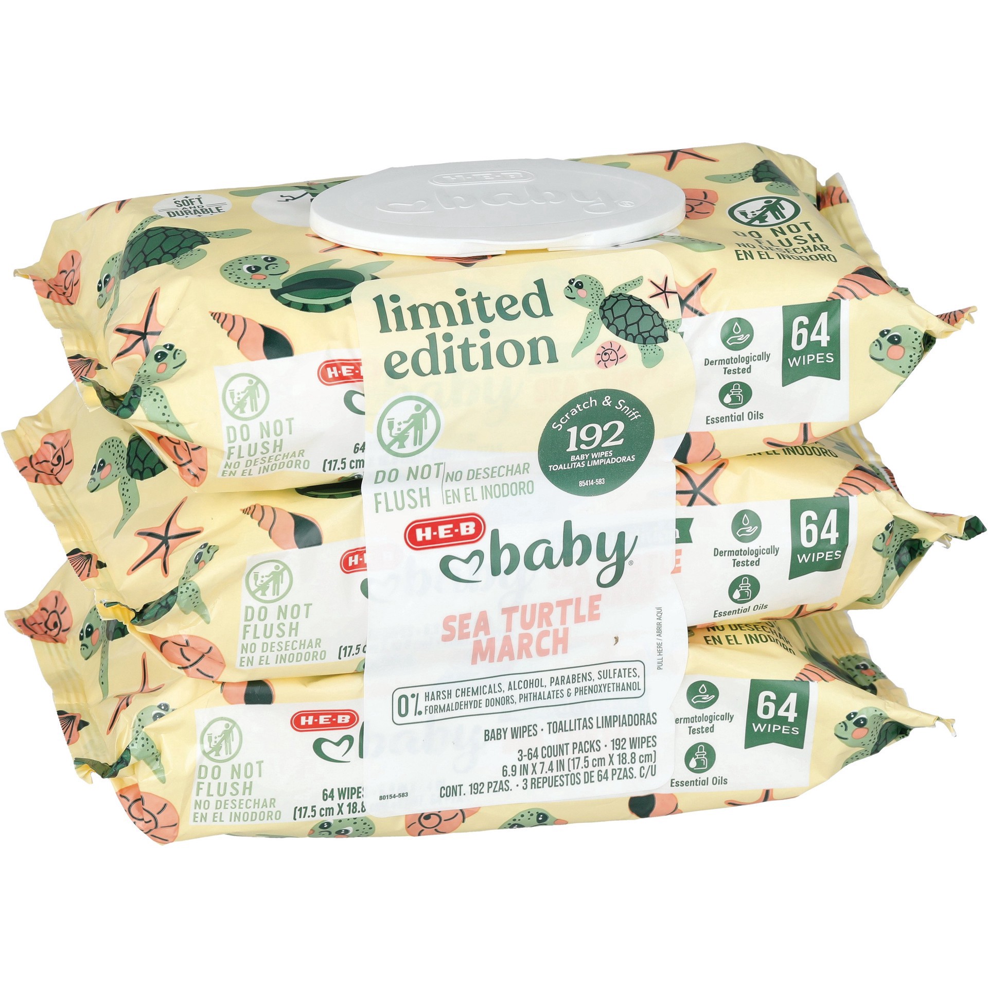 slide 1 of 1, H-E-B Limited Edition Baby Wipes - Sea Turtle March, 3 pk, 192 ct