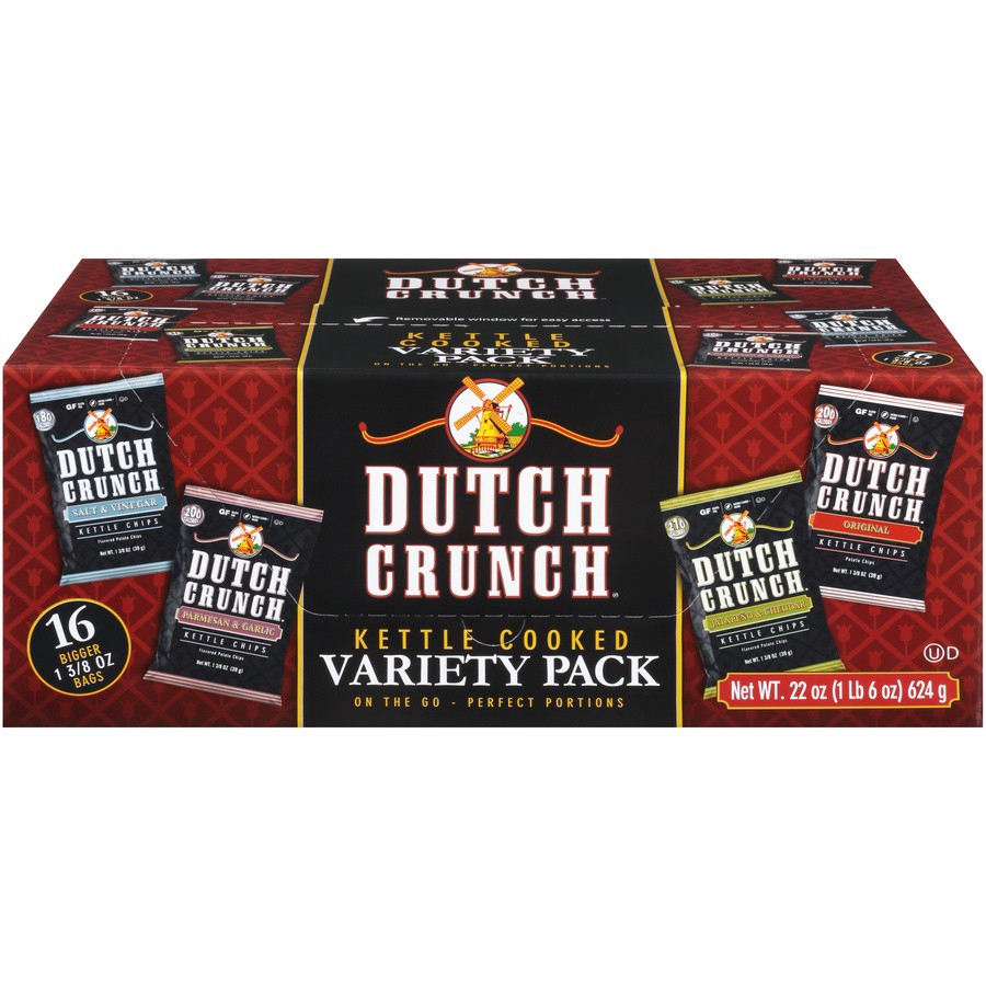 slide 1 of 8, Old Dutch Crunch Original, Salt & Vinegar, Jalapeno & Cheddar, Parmesan & Garlic Kettle Cooked Potato Chips Variety Pack 16-1.38 Oz. Bags, 22 oz