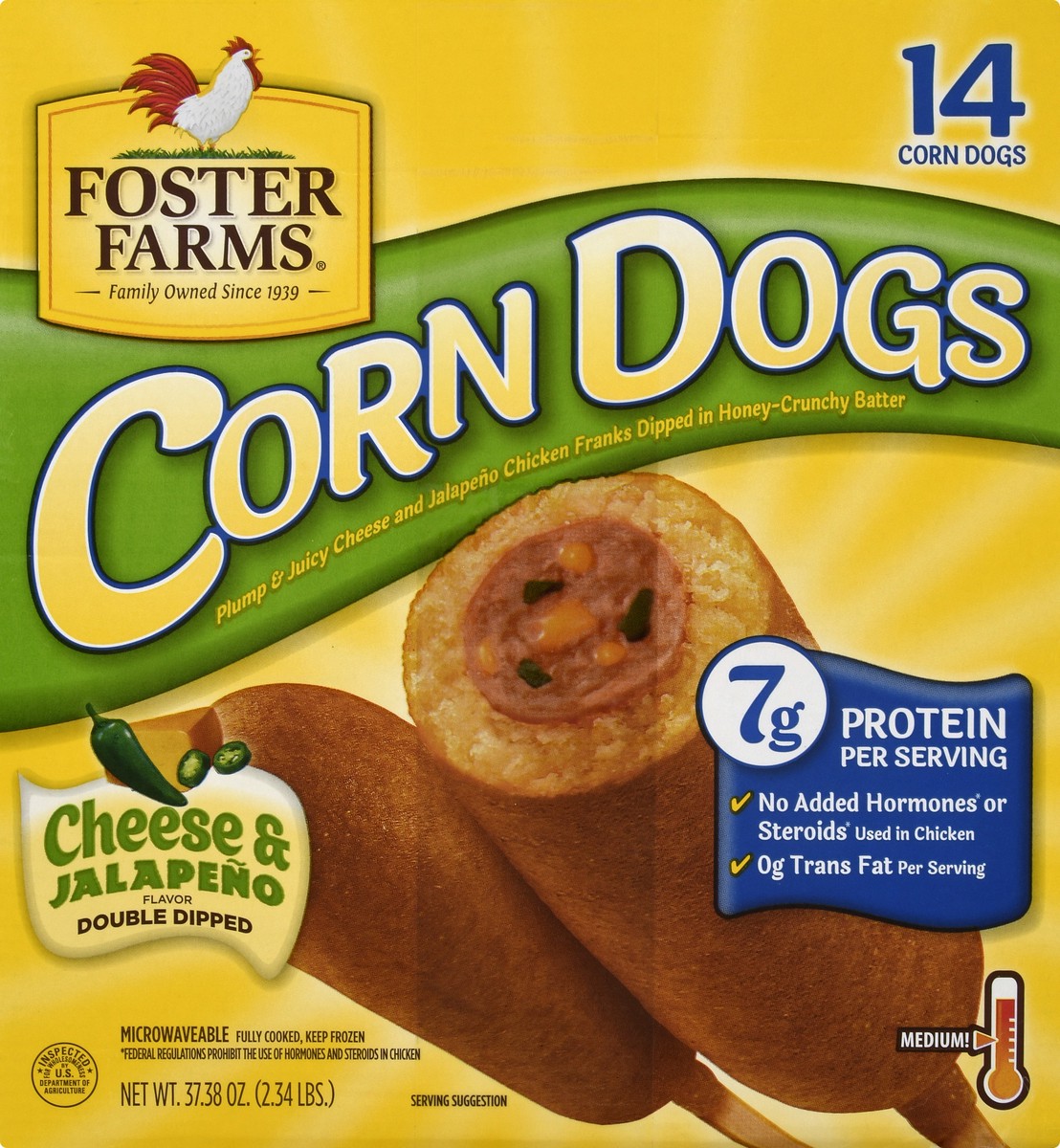 slide 8 of 10, Foster Farms Double Dipped Medium Cheese & Jalapeno Flavor Corn Dogs 14 ea, 37.4 oz