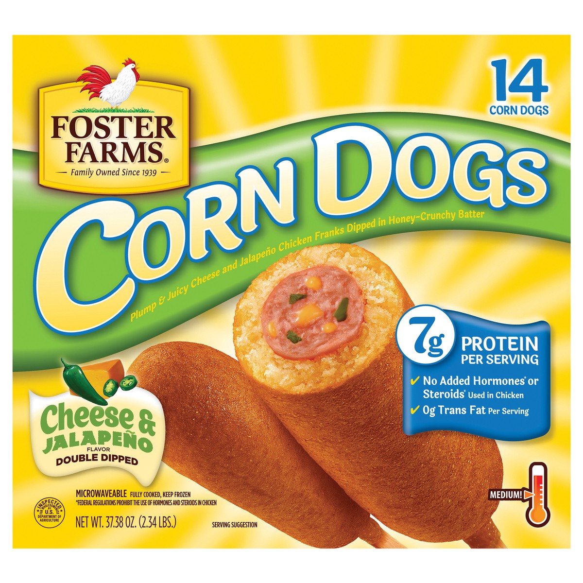 slide 1 of 10, Foster Farms Double Dipped Medium Cheese & Jalapeno Flavor Corn Dogs 14 ea, 37.4 oz