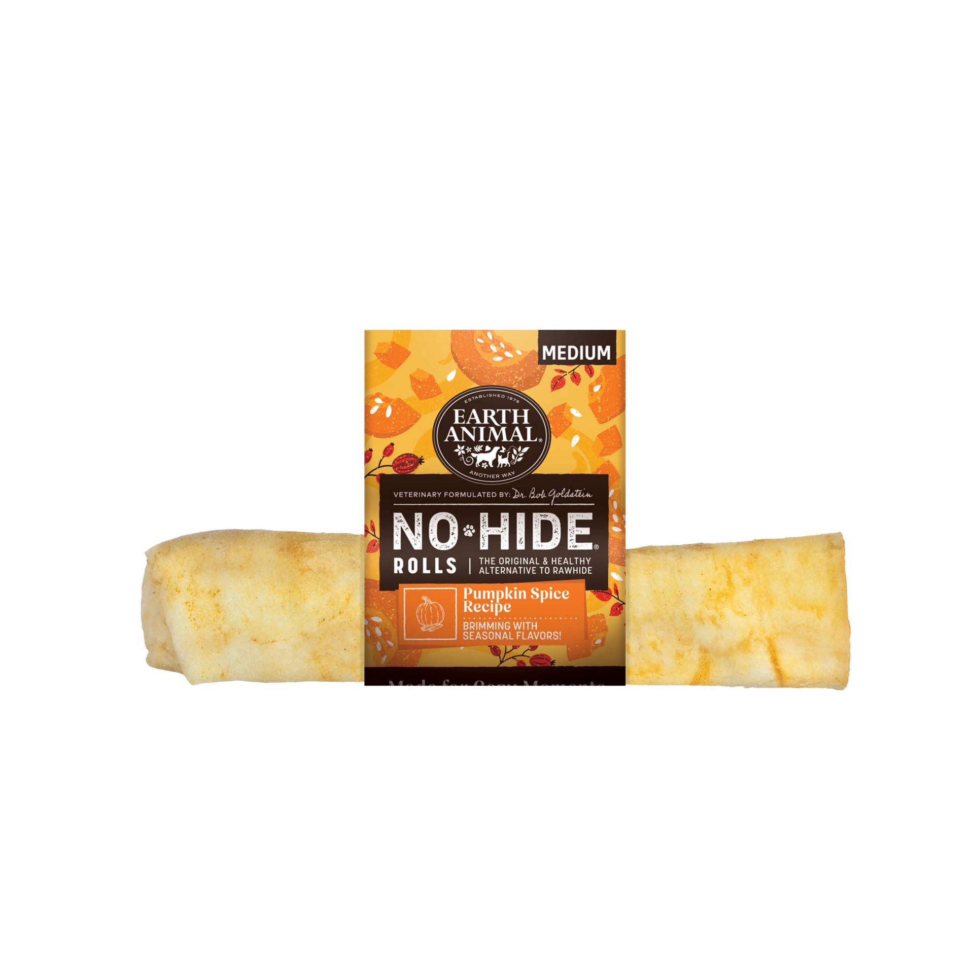 slide 1 of 1, Earth Animal No-Hide Seasonal Rolls Pumpkin Spice Recipe Medium Natural Rawhide Alternative Dog Chew, 2.1 oz., Count of 1, 1 ct