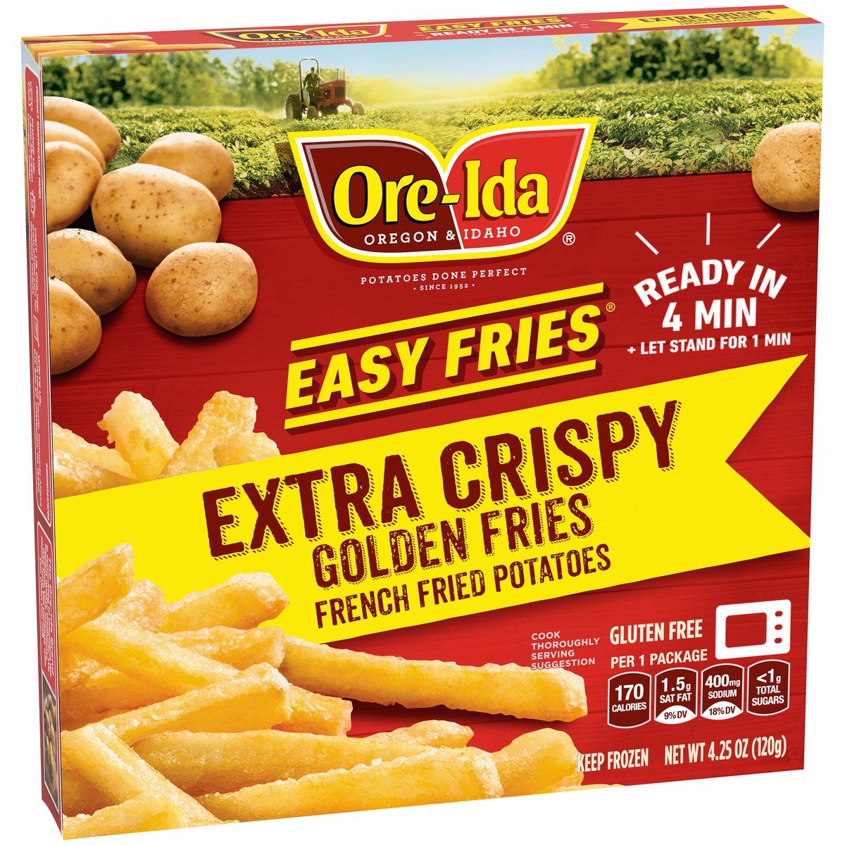 slide 2 of 9, Ore-Ida Ready in 5 Extra Crispy Golden French Fries Fried Microwavable Frozen Potatoes, 4.25 oz Box, 4.25 oz