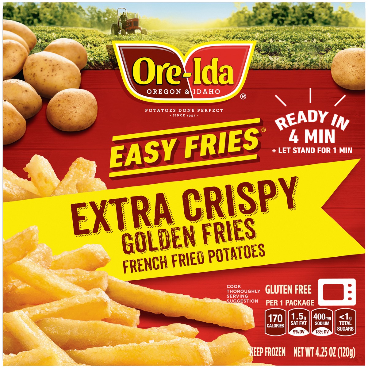 slide 9 of 9, Ore-Ida Ready in 5 Extra Crispy Golden French Fries Fried Microwavable Frozen Potatoes, 4.25 oz Box, 4.25 oz