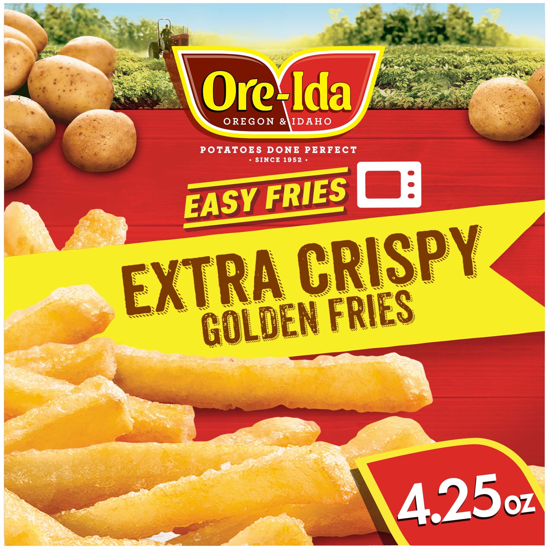 slide 1 of 9, Ore-Ida Ready in 5 Extra Crispy Golden French Fries Fried Microwavable Frozen Potatoes, 4.25 oz Box, 4.25 oz