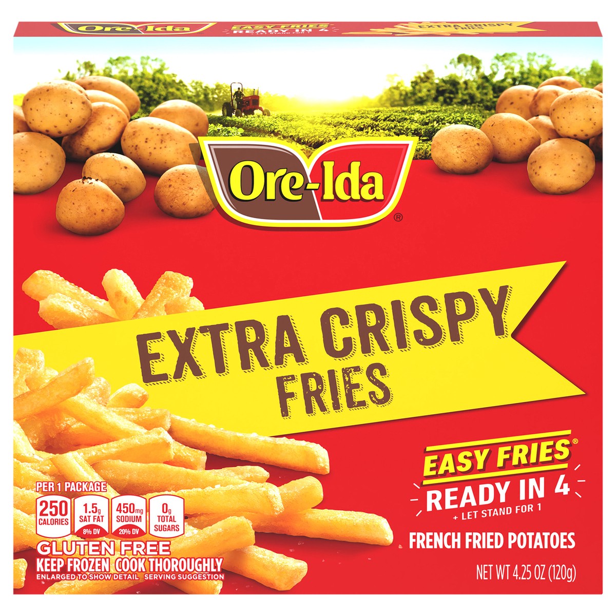 slide 1 of 9, Ore-Ida Ready in 5 Extra Crispy Golden French Fries Fried Microwavable Frozen Potatoes, 4.25 oz Box, 4.25 oz