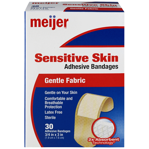 slide 1 of 1, Meijer Sensitive Skin Adhesive Bandages, Gentle Fabric, 30 ct