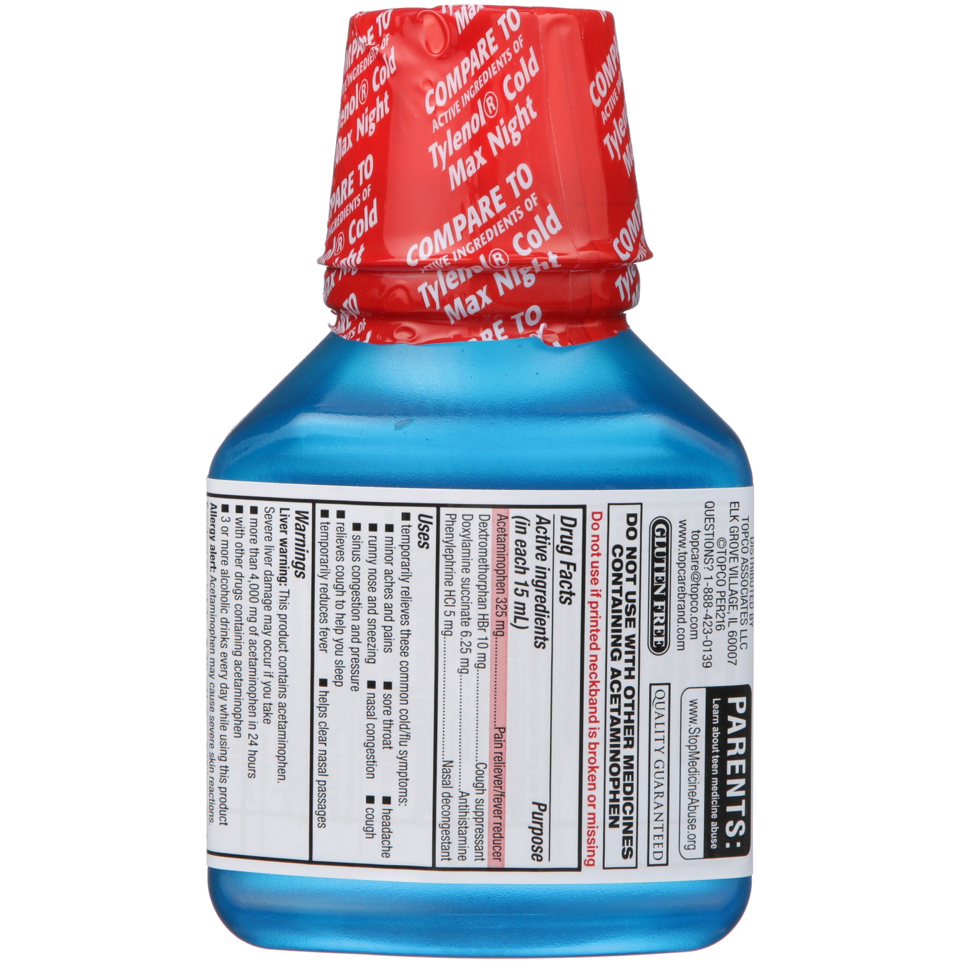 slide 3 of 6, TopCare Nighttime Cold Max Pain Reliever / Fever Reducer - Acetaminophen, Cough Suppressant - Dextromethorphan Hbr, Antihistamine - Doxylamine Succinate, Nasal Decongestant - Phenylephrine Hcl For Adults, Cool Ice, 8 oz