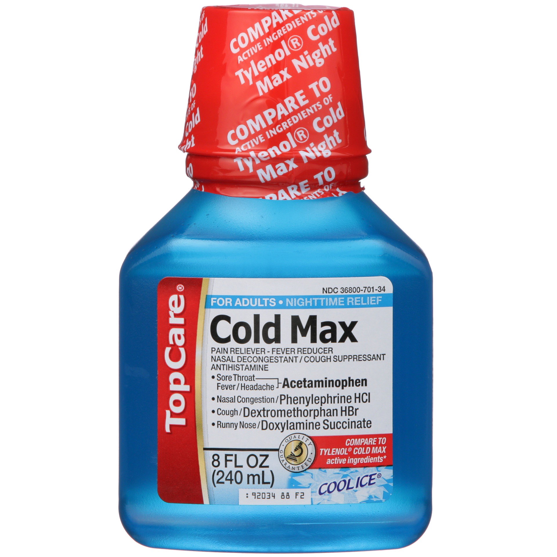 slide 1 of 6, TopCare Nighttime Cold Max Pain Reliever / Fever Reducer - Acetaminophen, Cough Suppressant - Dextromethorphan Hbr, Antihistamine - Doxylamine Succinate, Nasal Decongestant - Phenylephrine Hcl For Adults, Cool Ice, 8 oz