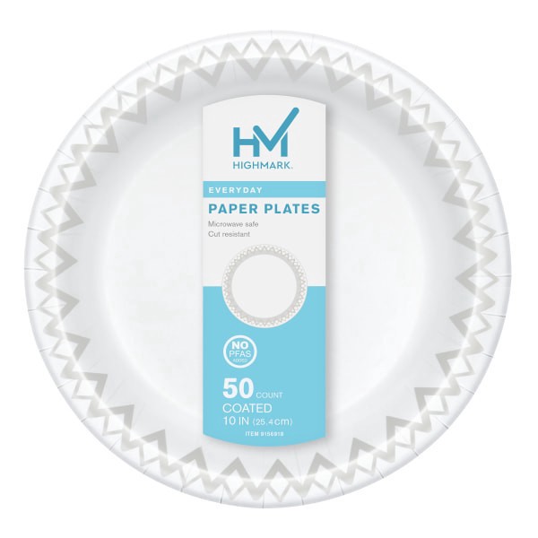 slide 5 of 5, Highmark Paper Plates, 10"", Printed White, Pack Of 50, 50 ct