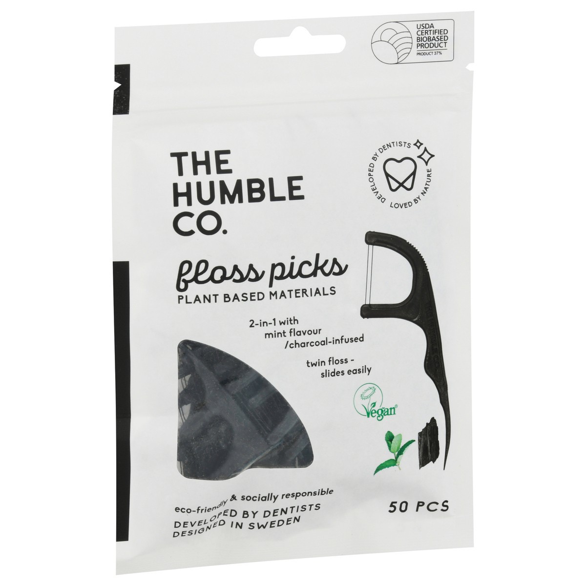 slide 9 of 9, The Humble Co. Mint Flavour/Charcoal-Infused Floss Picks 50 ea, 50 ct