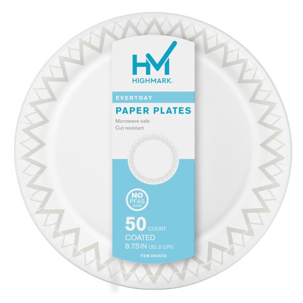slide 5 of 5, Highmark Paper Plates, 8-3/4"", Printed White, Pack Of 50, 50 ct