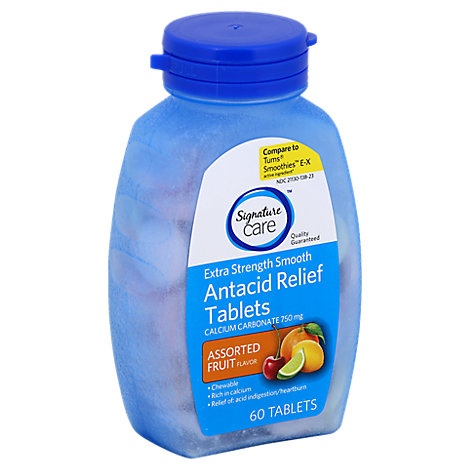 slide 1 of 1, Signature Care Antacid Relief Extra Strength Smooth Assorted Fruit Tablet, 60 ct