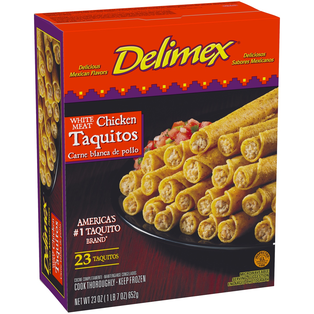 slide 2 of 2, Delimex White Meat Chicken Corn Taquitos Frozen Snacks, 23 oz