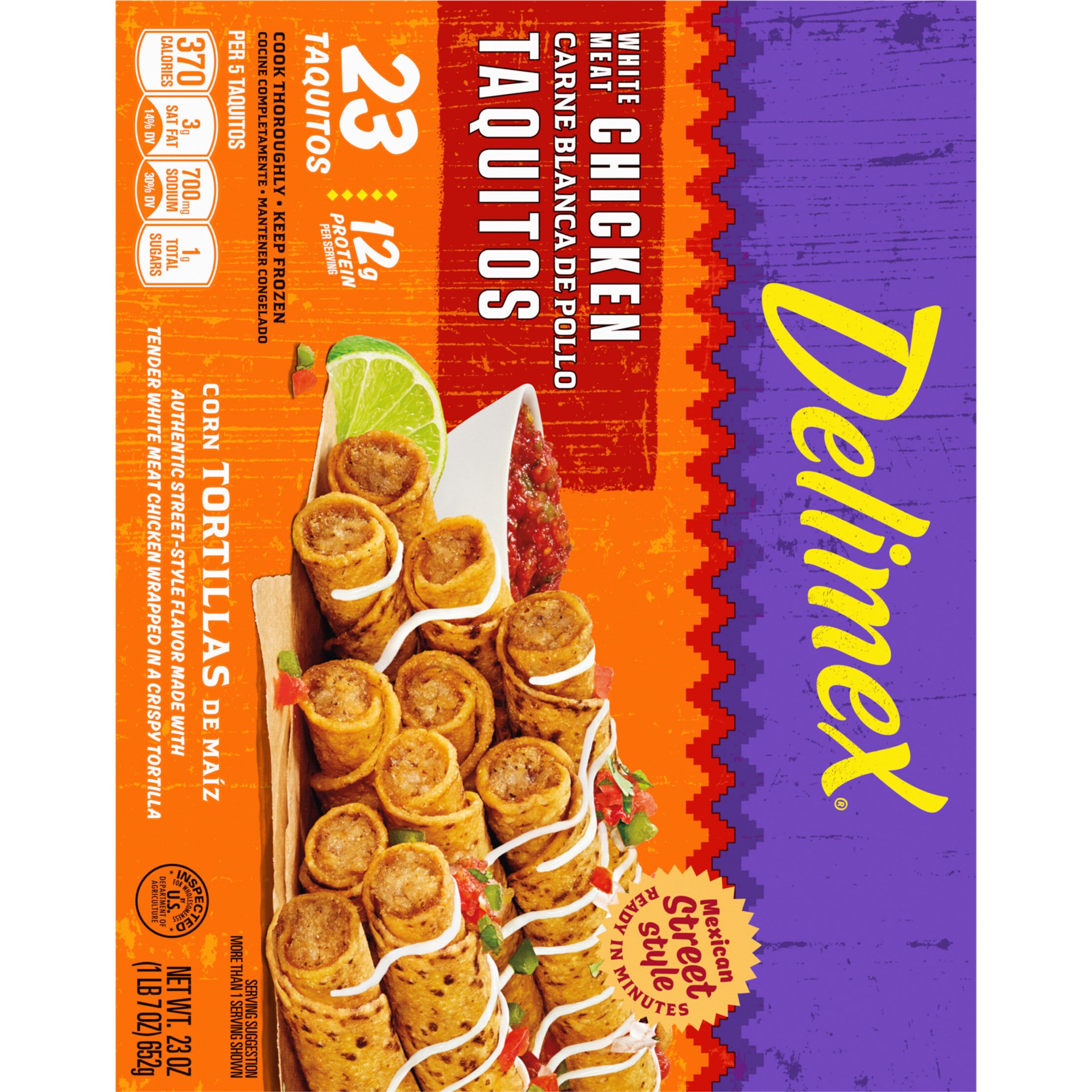slide 3 of 5, Delimex White Meat Chicken Taquitos Frozen Snacks, 23 ct Box, 23 pk