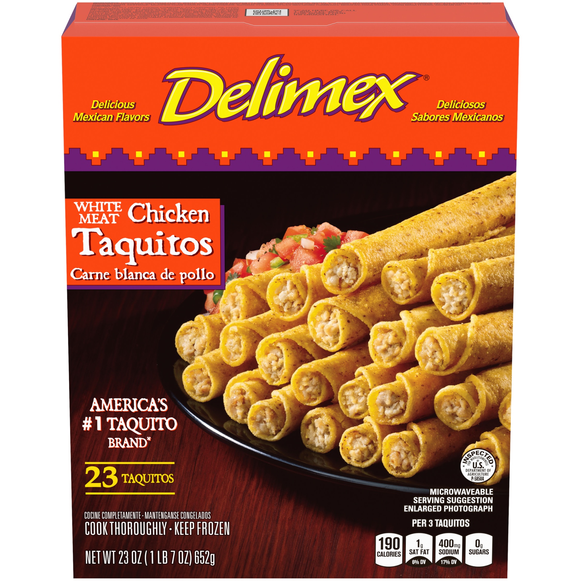 slide 1 of 2, Delimex White Meat Chicken Corn Taquitos Frozen Snacks, 23 oz