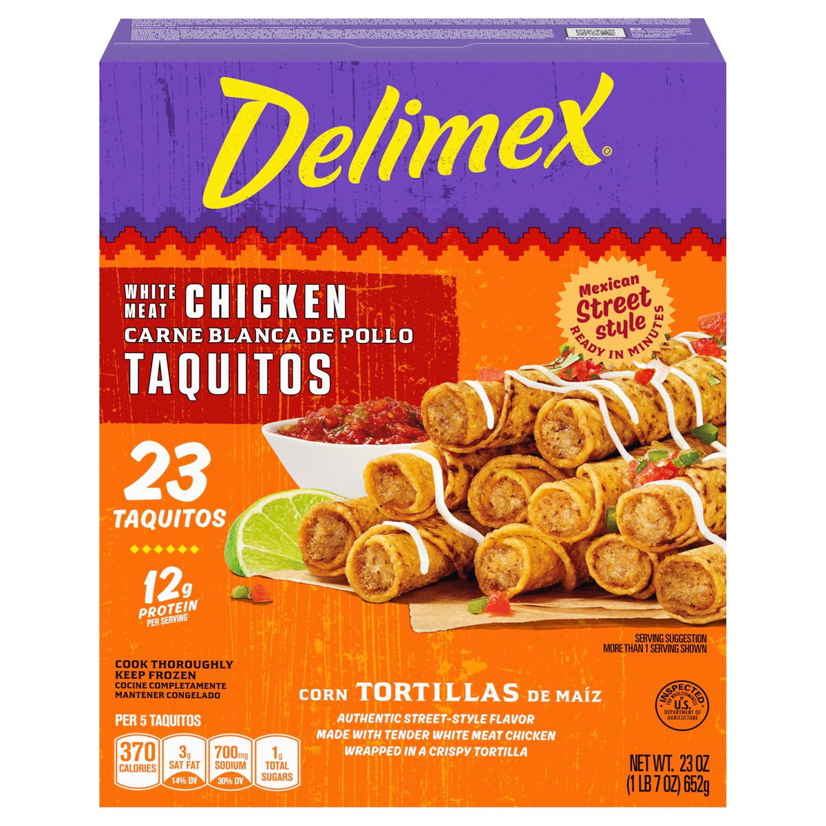 slide 1 of 5, Delimex White Meat Chicken Corn Taquitos Frozen Snacks, 23 ct Box, 23 ct