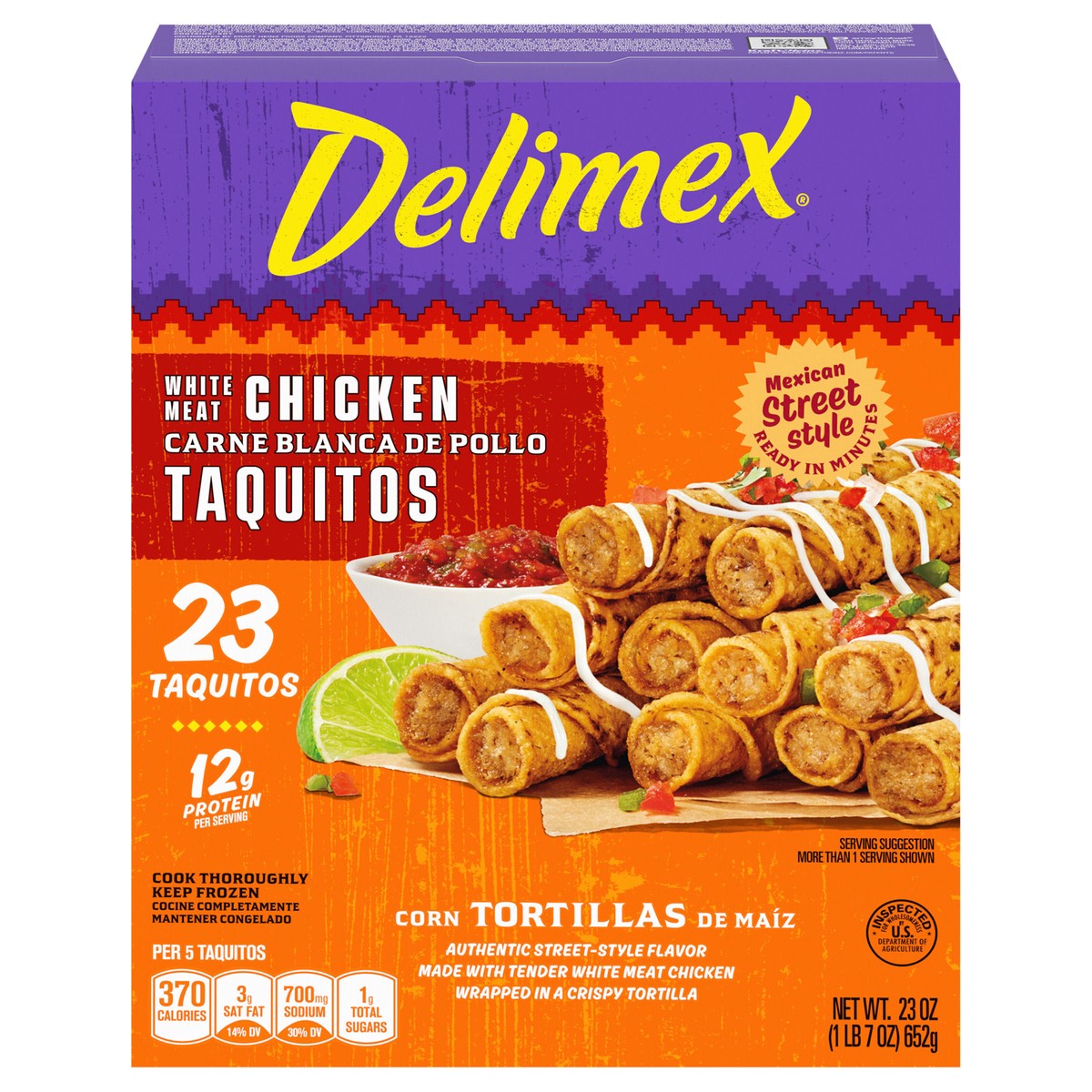 slide 1 of 5, Delimex White Meat Chicken Taquitos Frozen Snacks, 23 ct Box, 23 pk