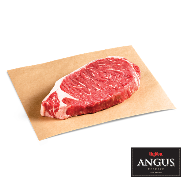 slide 1 of 1, Hy-Vee Angus Reserve Beef Loin New York Strip Steak Thick Cut, per lb