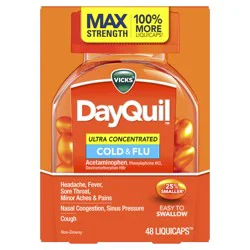 Vicks DayQuil Ultra Concentrated Liquicaps, Cold & Flu Over-the-Counter Medicine, Powerful Multi-Symptom Daytime Relief for Headache, Fever, Sore Throat, Minor Aches & Pains, Nasal Congestion, Sinus Pressure & Cough, 48ct