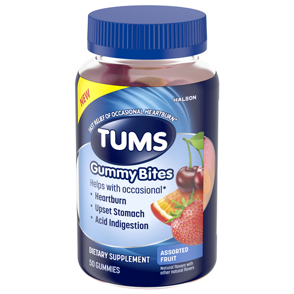 slide 7 of 9, TUMS Gummy Bites Dietary Supplement for Occasional Heartburn Relief, Upset Stomach and Acid Indigestion, Assorted Fruit Flavors - 50 Count, 50 ct