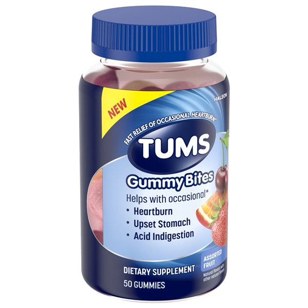slide 9 of 9, TUMS Gummy Bites Dietary Supplement for Occasional Heartburn Relief, Upset Stomach and Acid Indigestion, Assorted Fruit Flavors - 50 Count, 50 ct