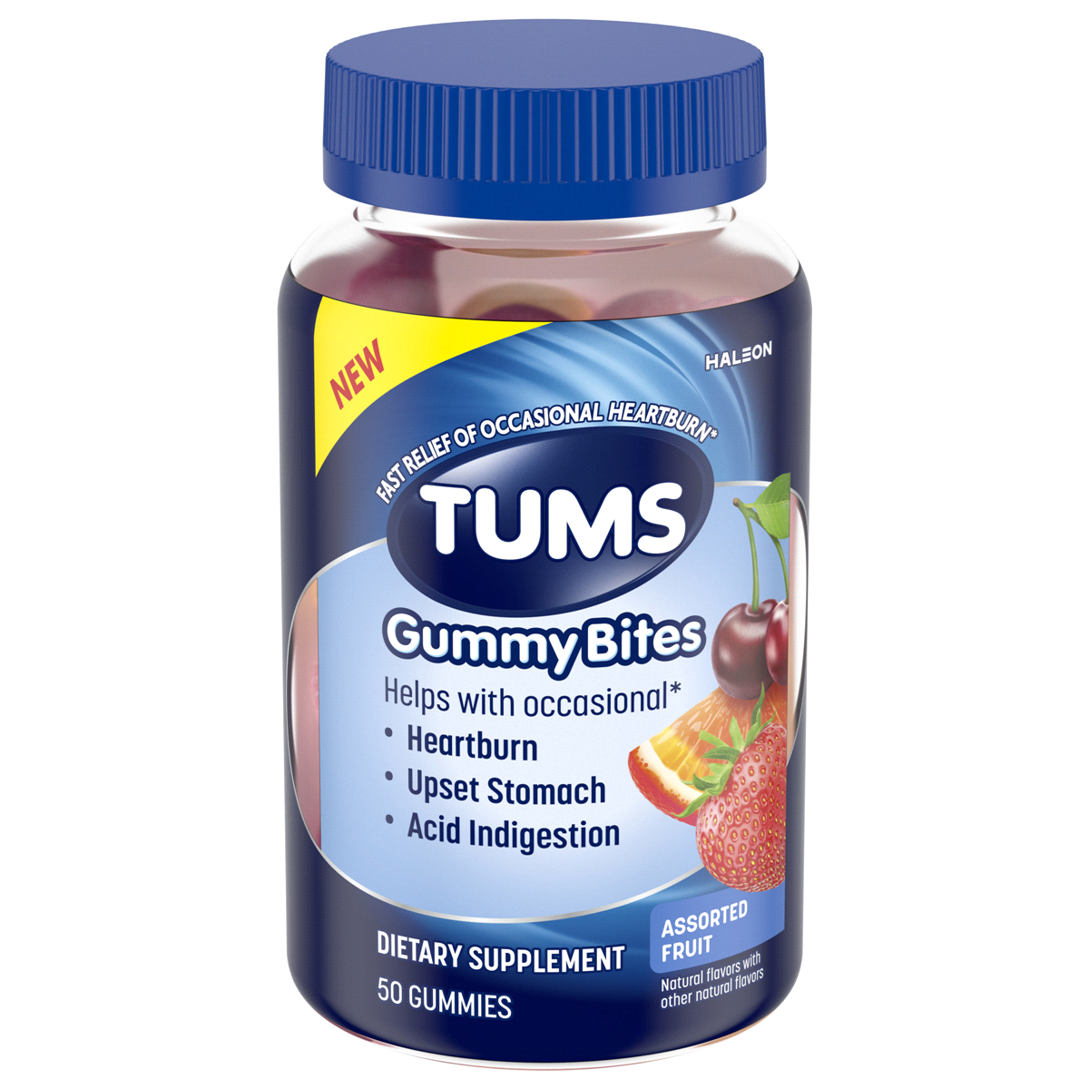 slide 1 of 9, TUMS Gummy Bites Dietary Supplement for Occasional Heartburn Relief, Upset Stomach and Acid Indigestion, Assorted Fruit Flavors - 50 Count, 50 ct