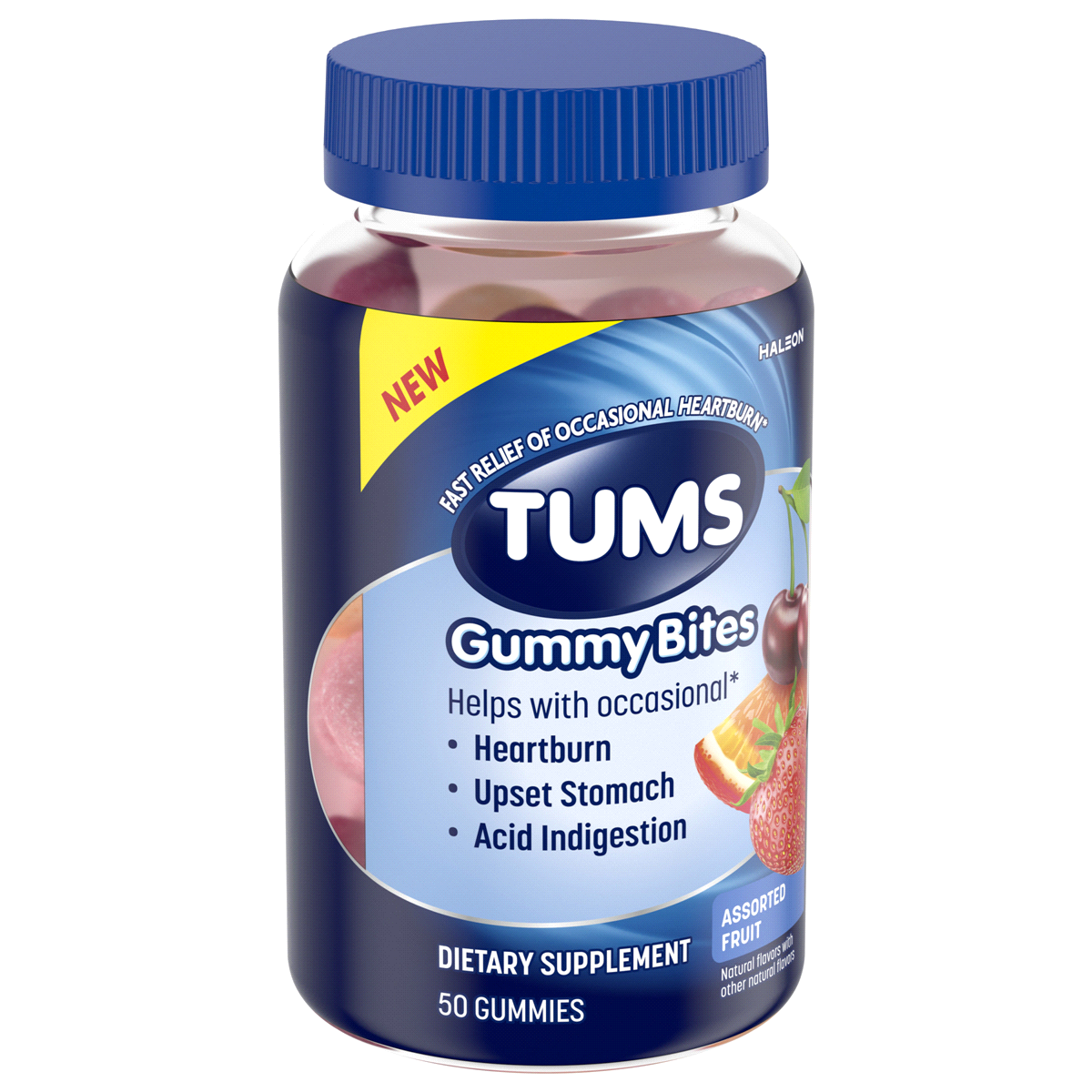 slide 8 of 9, TUMS Gummy Bites Dietary Supplement for Occasional Heartburn Relief, Upset Stomach and Acid Indigestion, Assorted Fruit Flavors - 50 Count, 50 ct