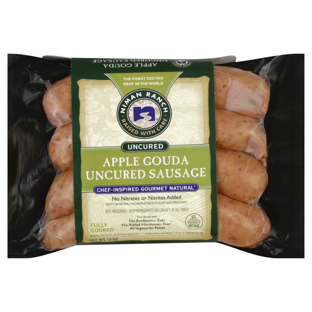 slide 1 of 1, Niman Ranch Uncured Apple Gouda Sausage, 12 oz