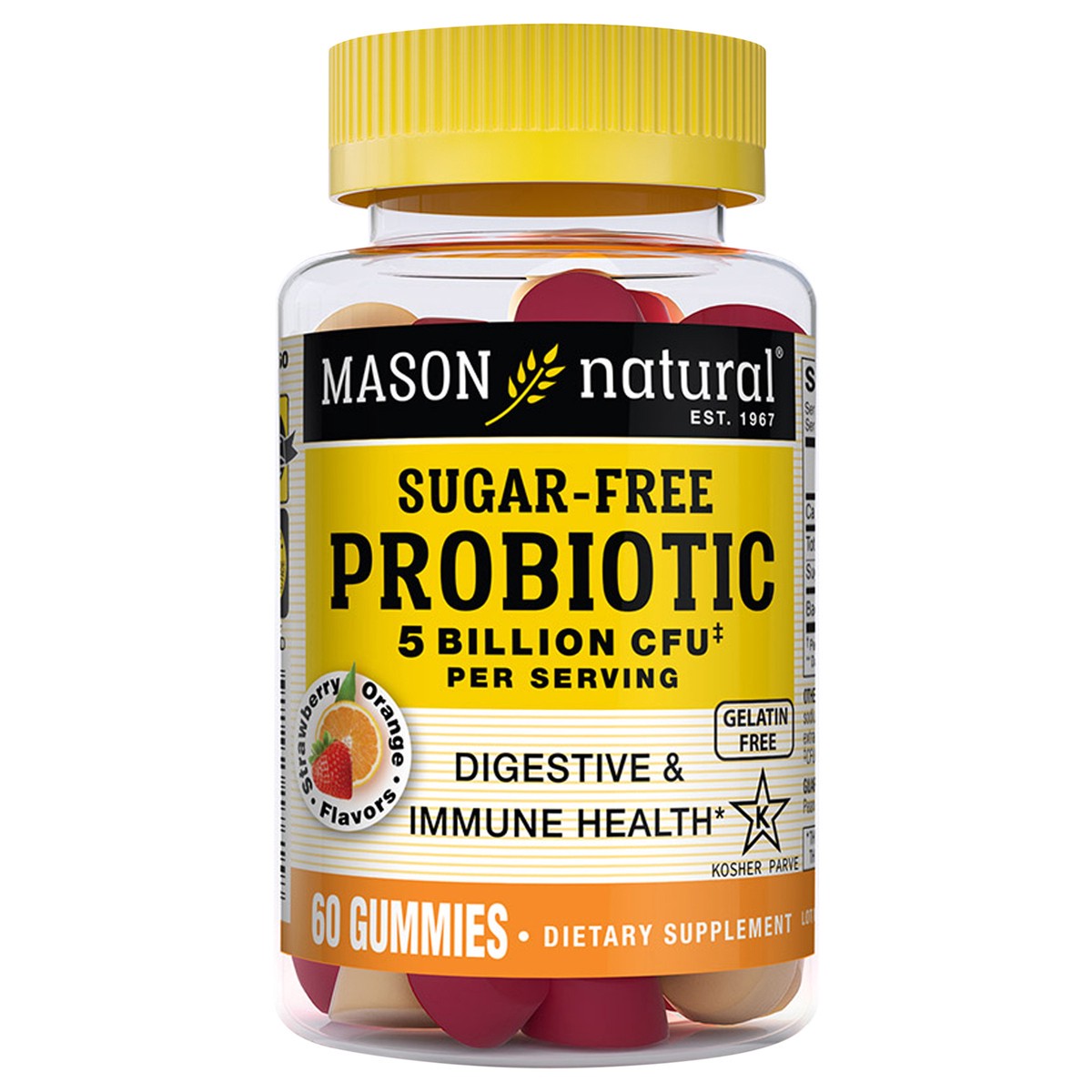 slide 1 of 2, Mason Natural Daily Probiotic Gummies 5 Billion CFU, Orange & Strawberry Flavors - Supports Digestive and Immune Health, Kosher, Gelatin Free, 60 Gummies, 60 ct