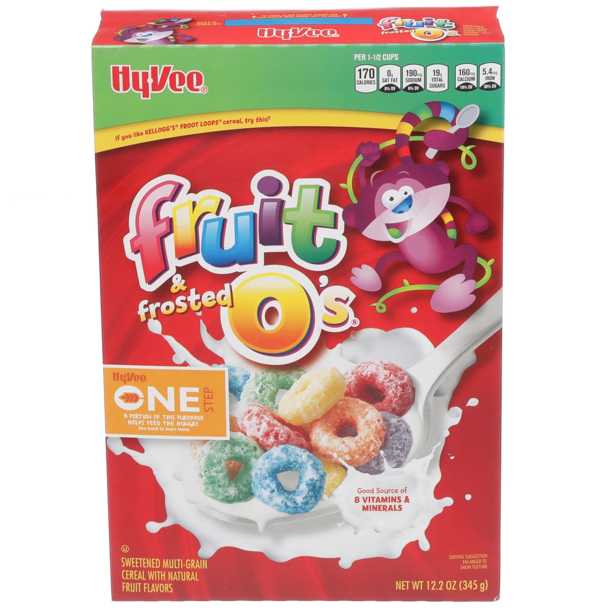 slide 1 of 1, Hy-Vee One Step Fruit & Frosted O'S, Sweetened Multi-Grain Cereal With Natural Fruit Flavors, 12.2 oz