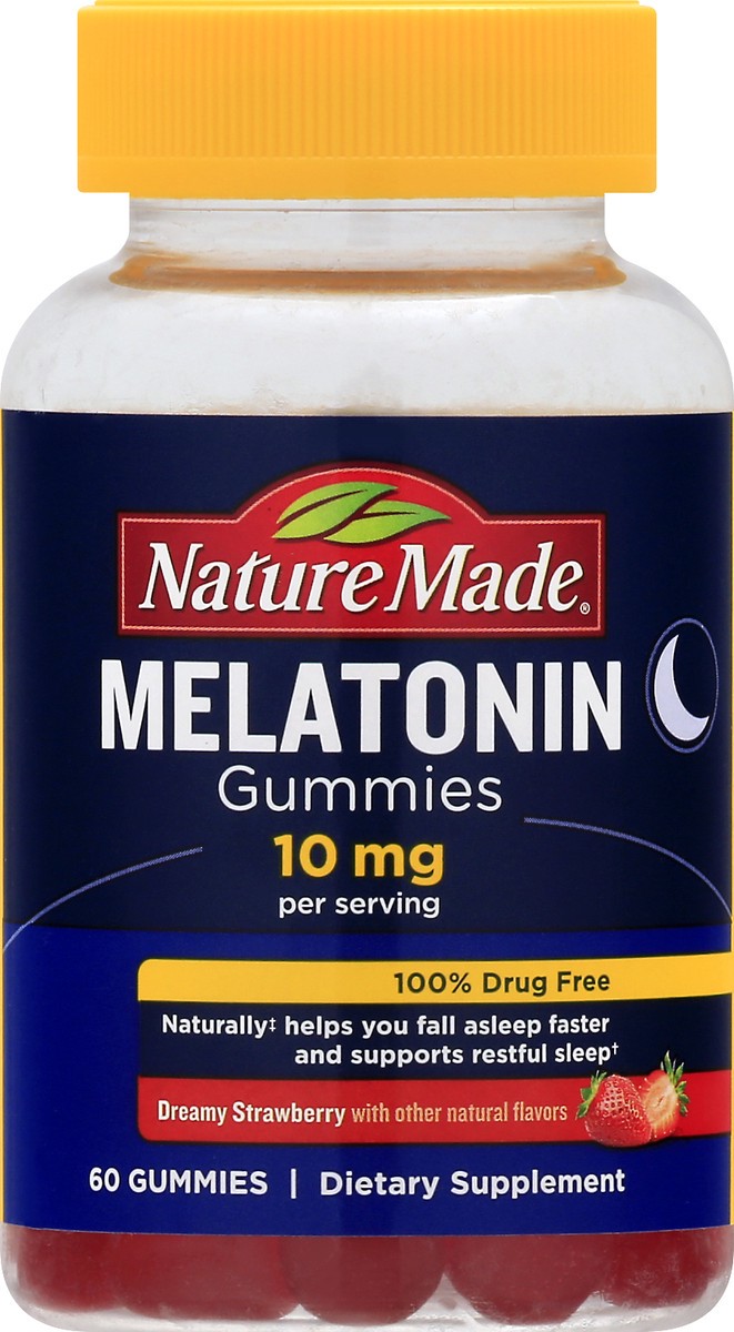 slide 2 of 9, Nature Made Melatonin 10 mg, Restful Sleep Aid Supplement, Strawberry Flavor, 60 Gummies, 30 Day Supply, 60 ct