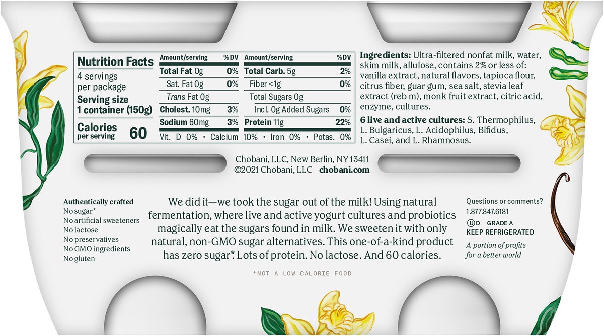 slide 9 of 9, Chobani Yogurt-Cultured, Zero Sugar, Vanilla Flavor, 4 ct