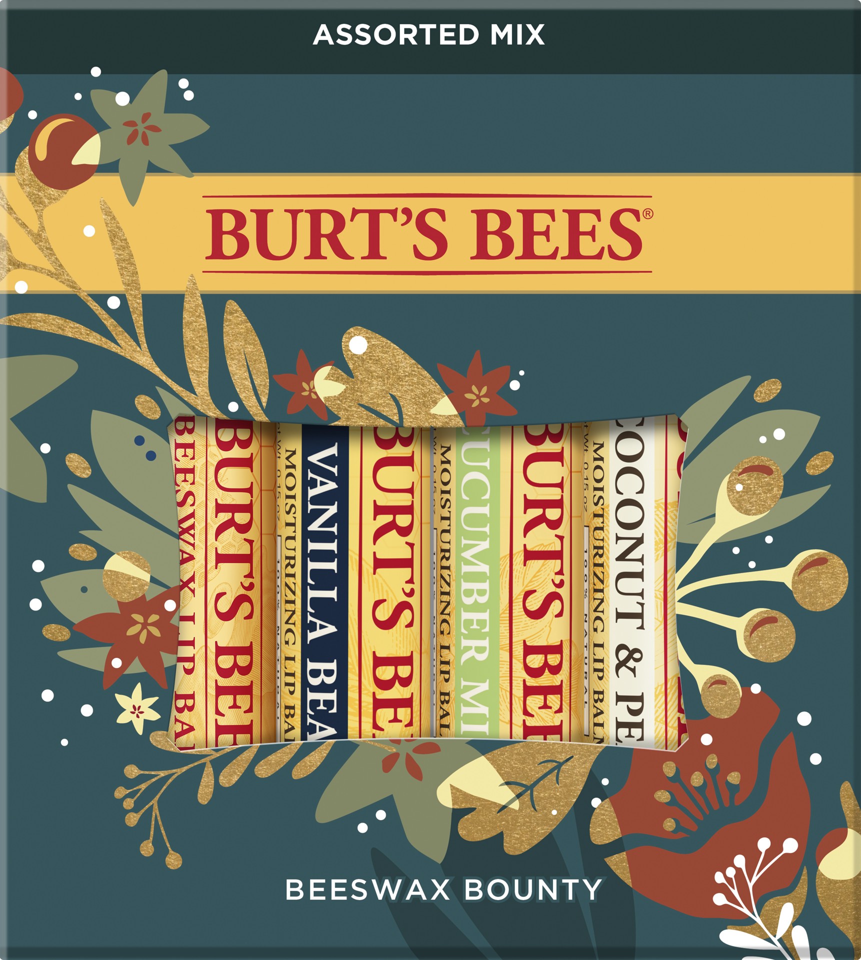 slide 1 of 1, Burt's Bees Beeswax Bounty Assorted Lip Balm Holiday Gift Set, 100% Natural, 4 Moisturizing Lip Balms, Original Beeswax, Vanilla Bean, Cucumber Mint, and Coconut Pear in Festive Gift Box, 1 ct