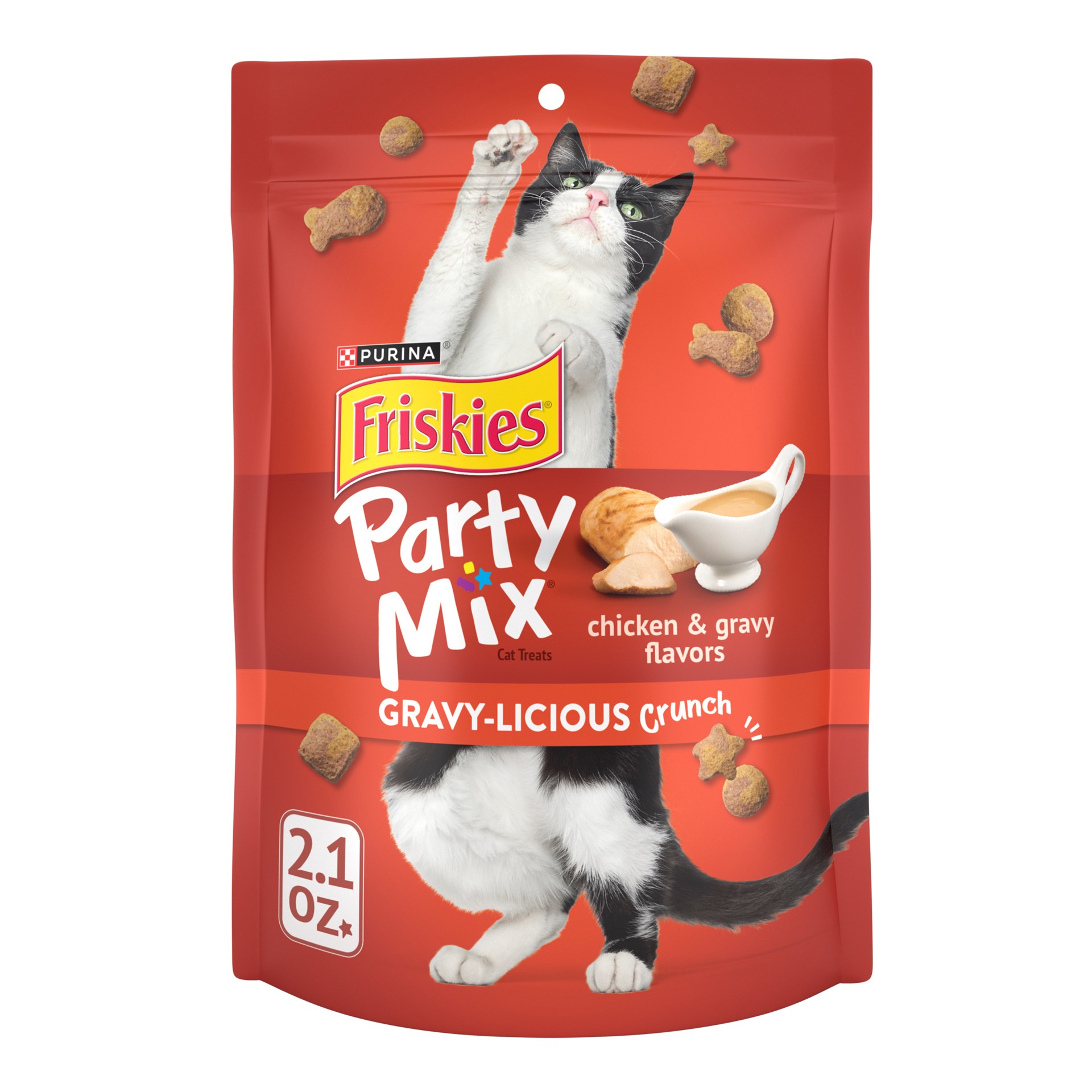 slide 1 of 1, Friskies Purina Friskies Cat Treats, Party Mix Gravy-licious Crunch Chicken and Gravy Flavors, 2.1 oz