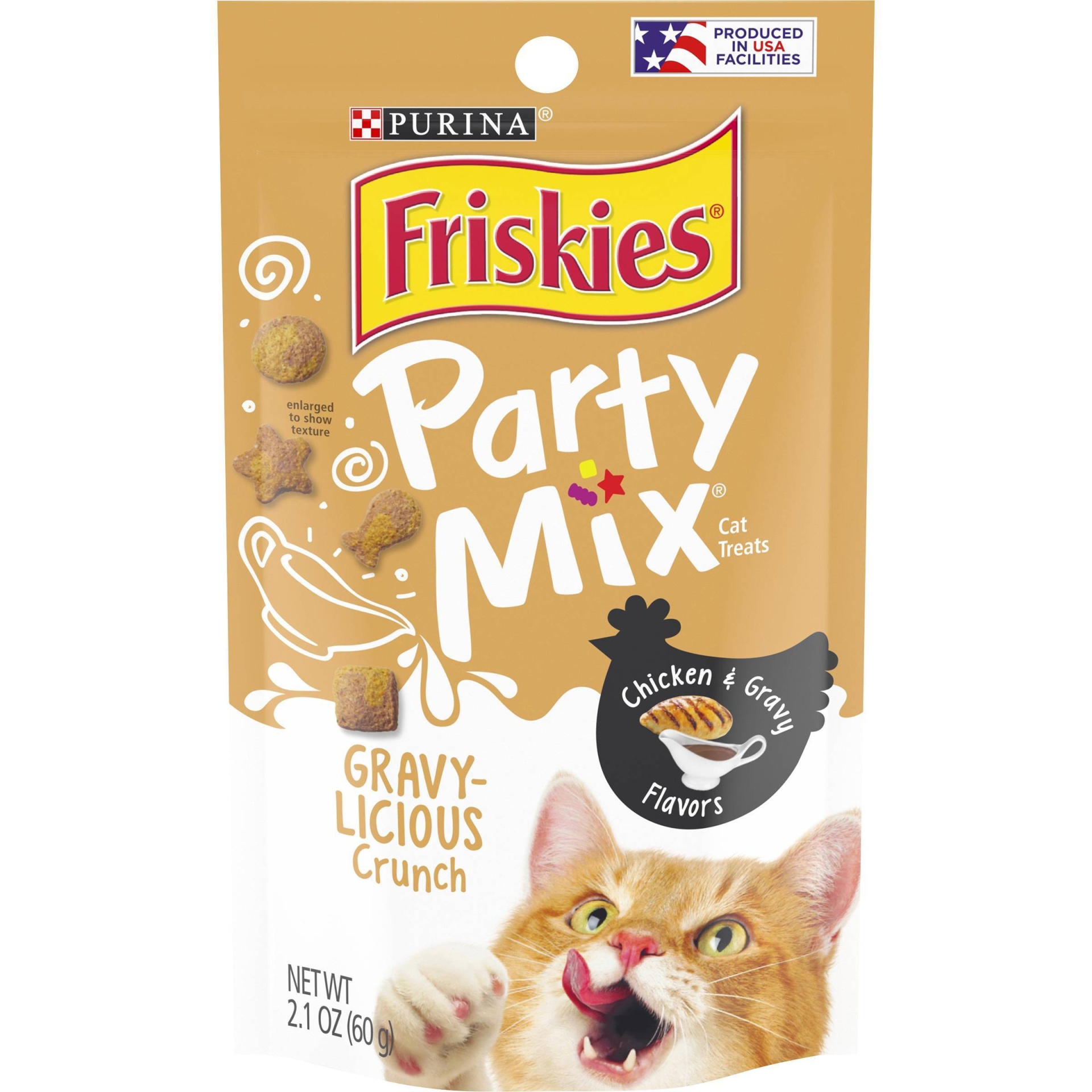slide 1 of 9, Friskies Party Mix Gravy-licious Chicken & Gravy Crunch Cat Treats, 2.1 oz