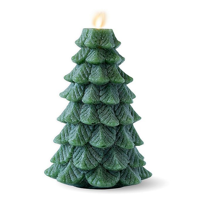 slide 1 of 1, Luminara Green Tree Real-Flame Effect Pillar Candle, 8 in