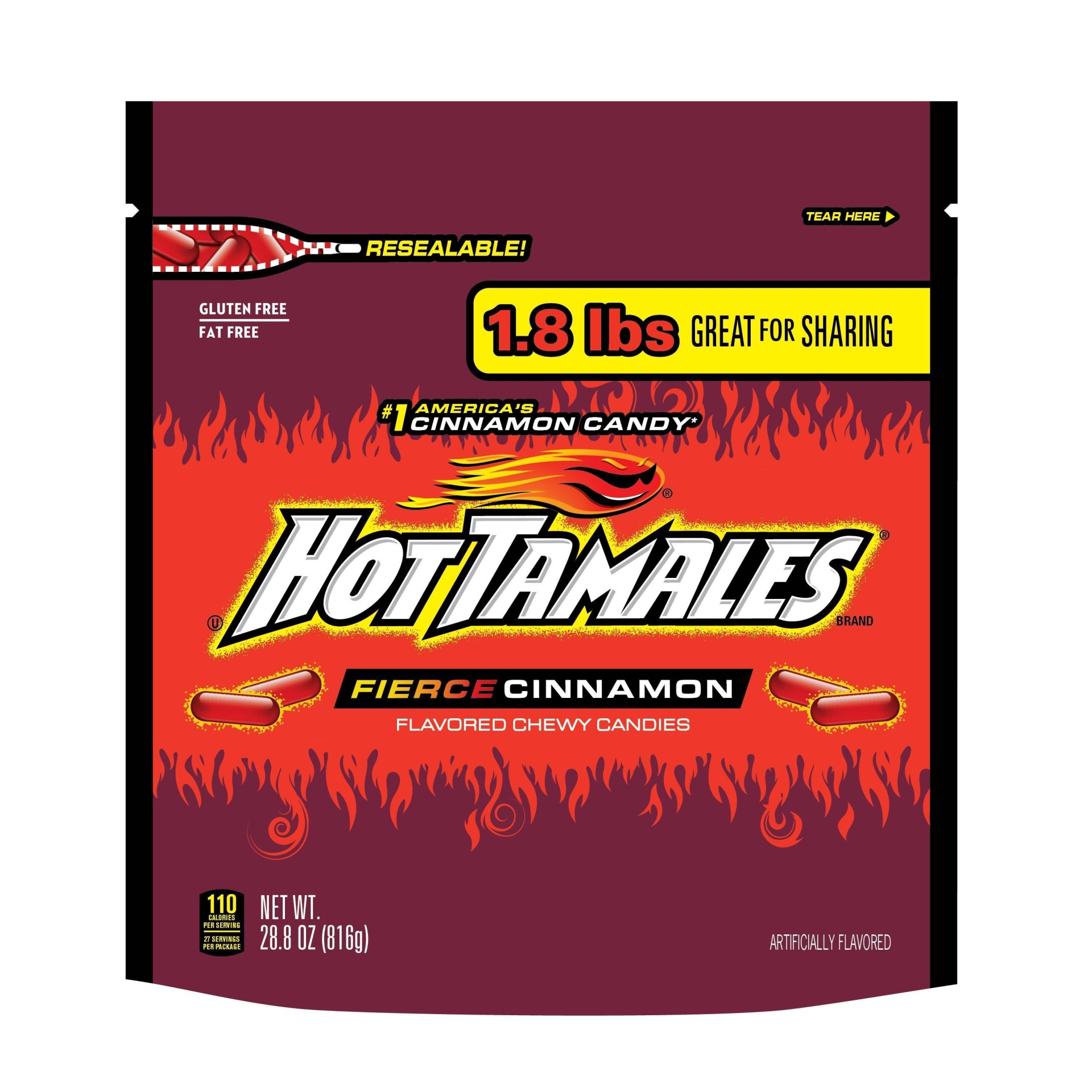 slide 1 of 1, Hot Tamales Cinnamon Stand-Up Bag, 28.8 oz