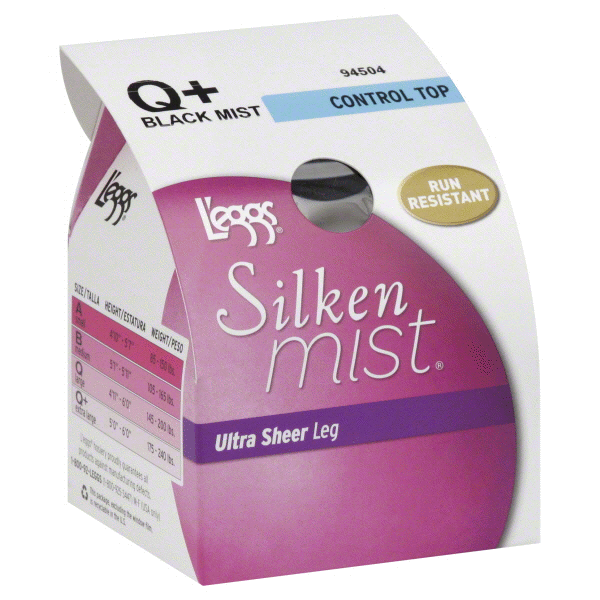 slide 1 of 1, L'eggs Silken Mist Ultra Sheer with Run Resist Technology, Control Top Sheer Toe Pantyhose, Black Mist Q Plus, Q+